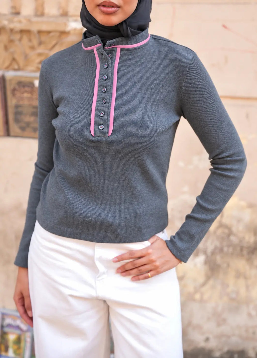 Grey x Pink Ribbed Top