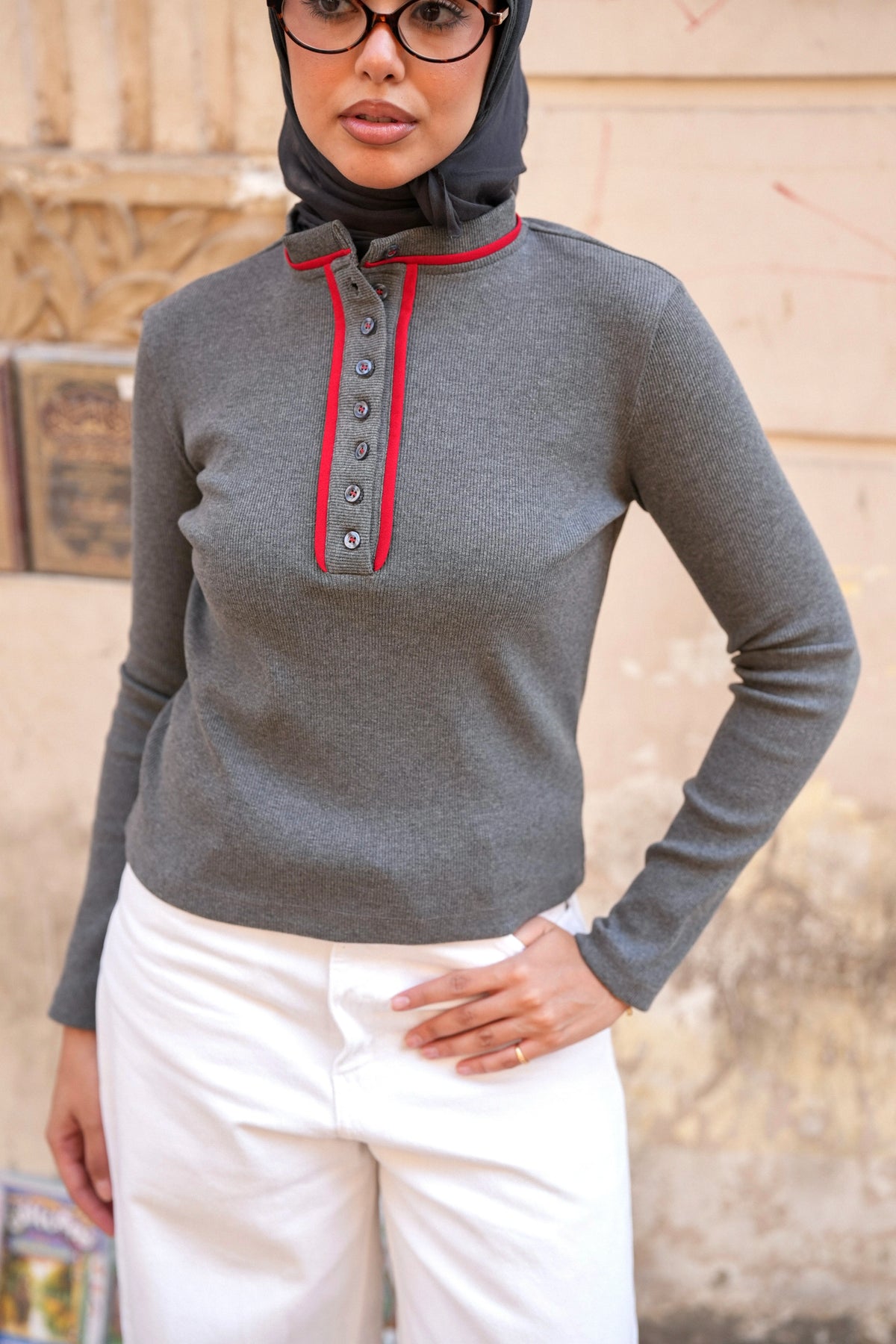 Grey X Red Ribbed Top