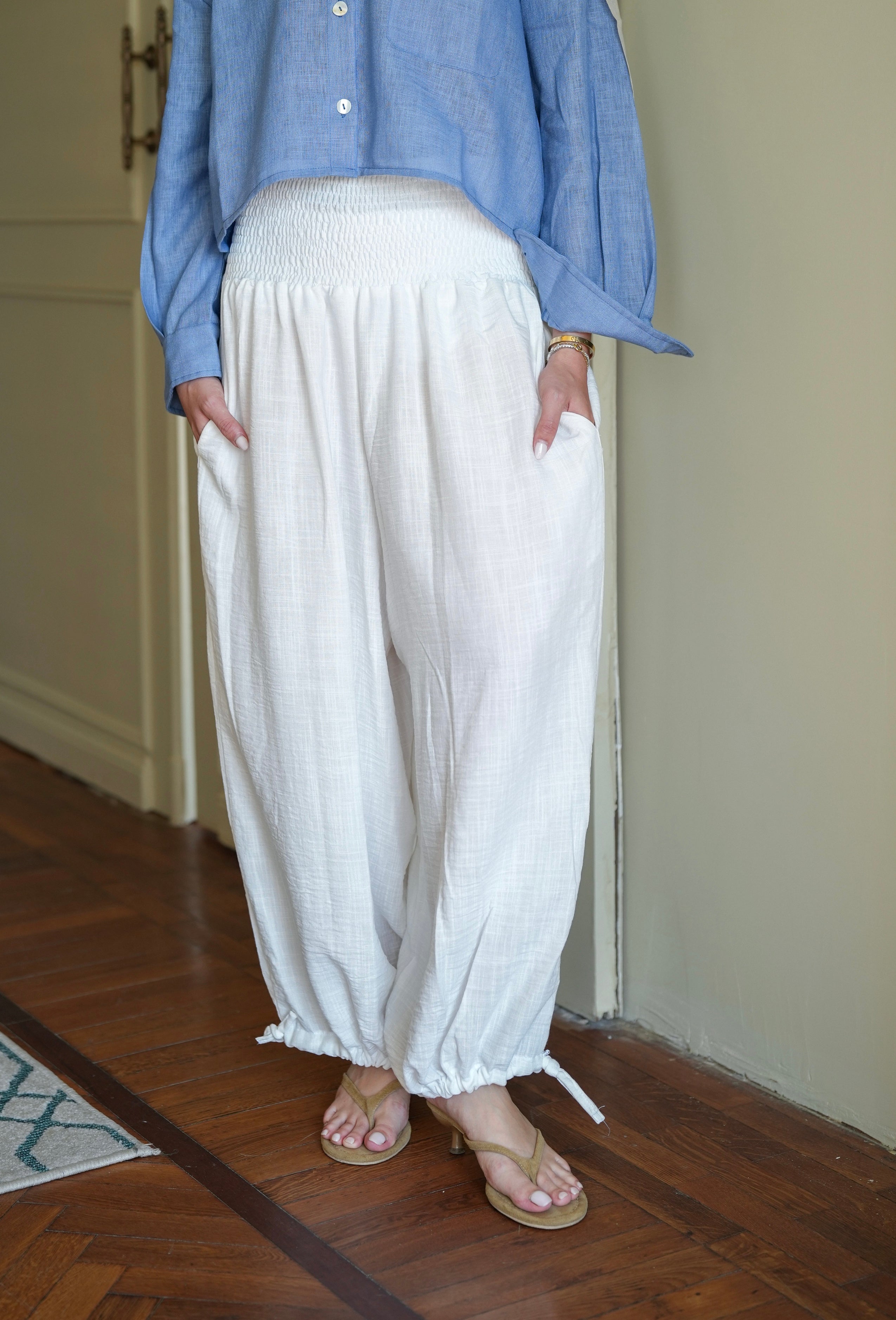 White Smocked Ballon Pants