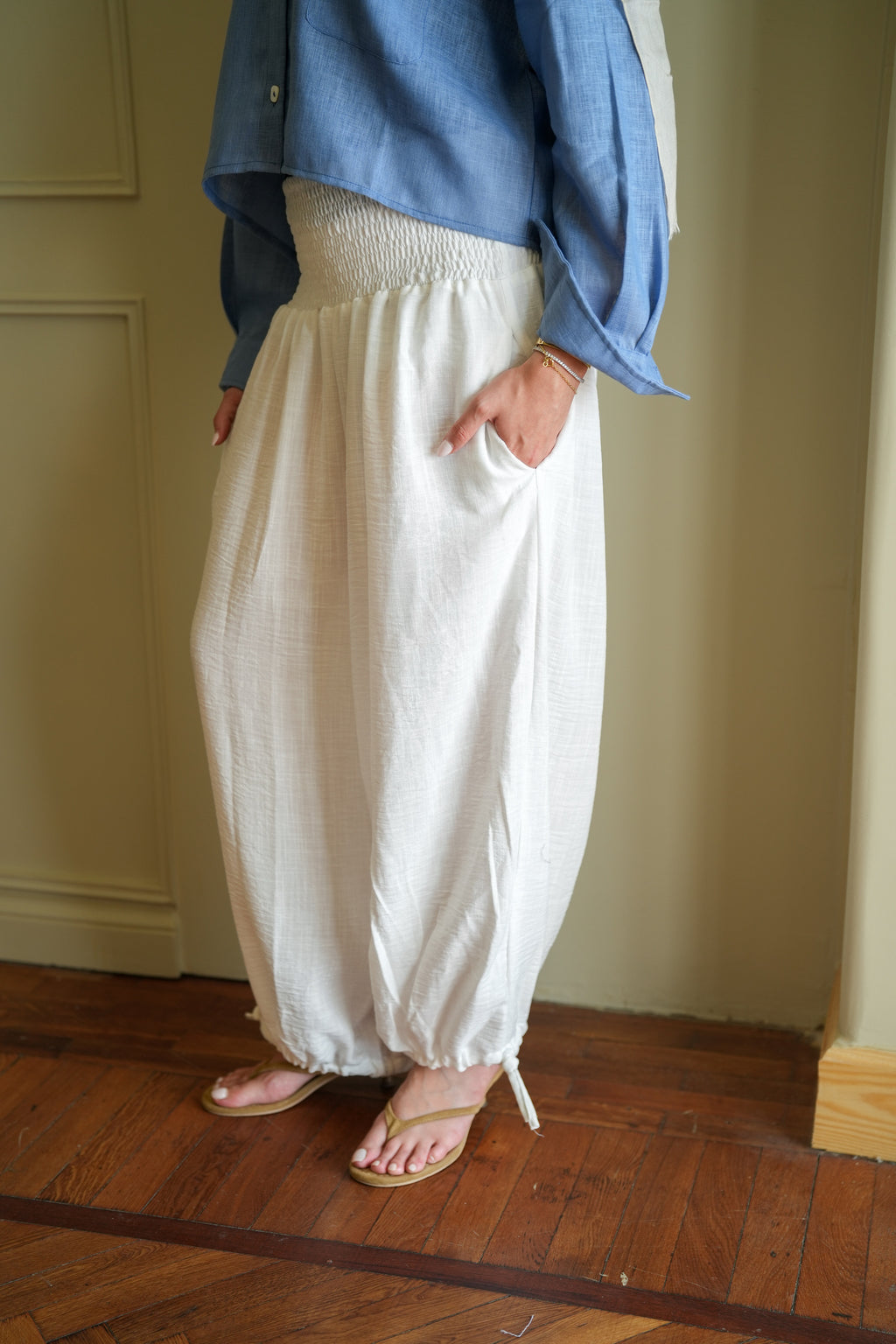White Smocked Ballon Pants