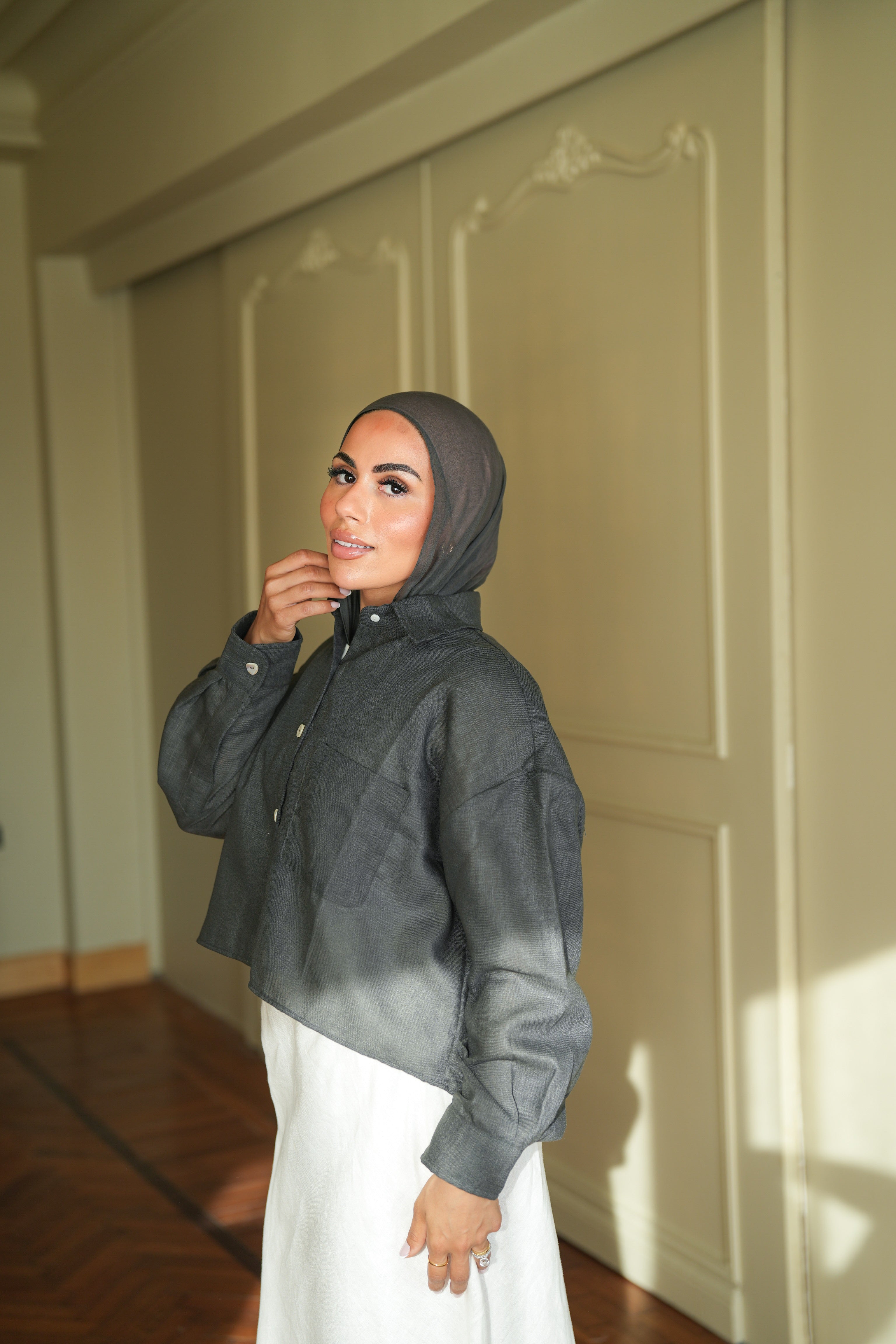 Cropped Pure Linen Shirt in Stone