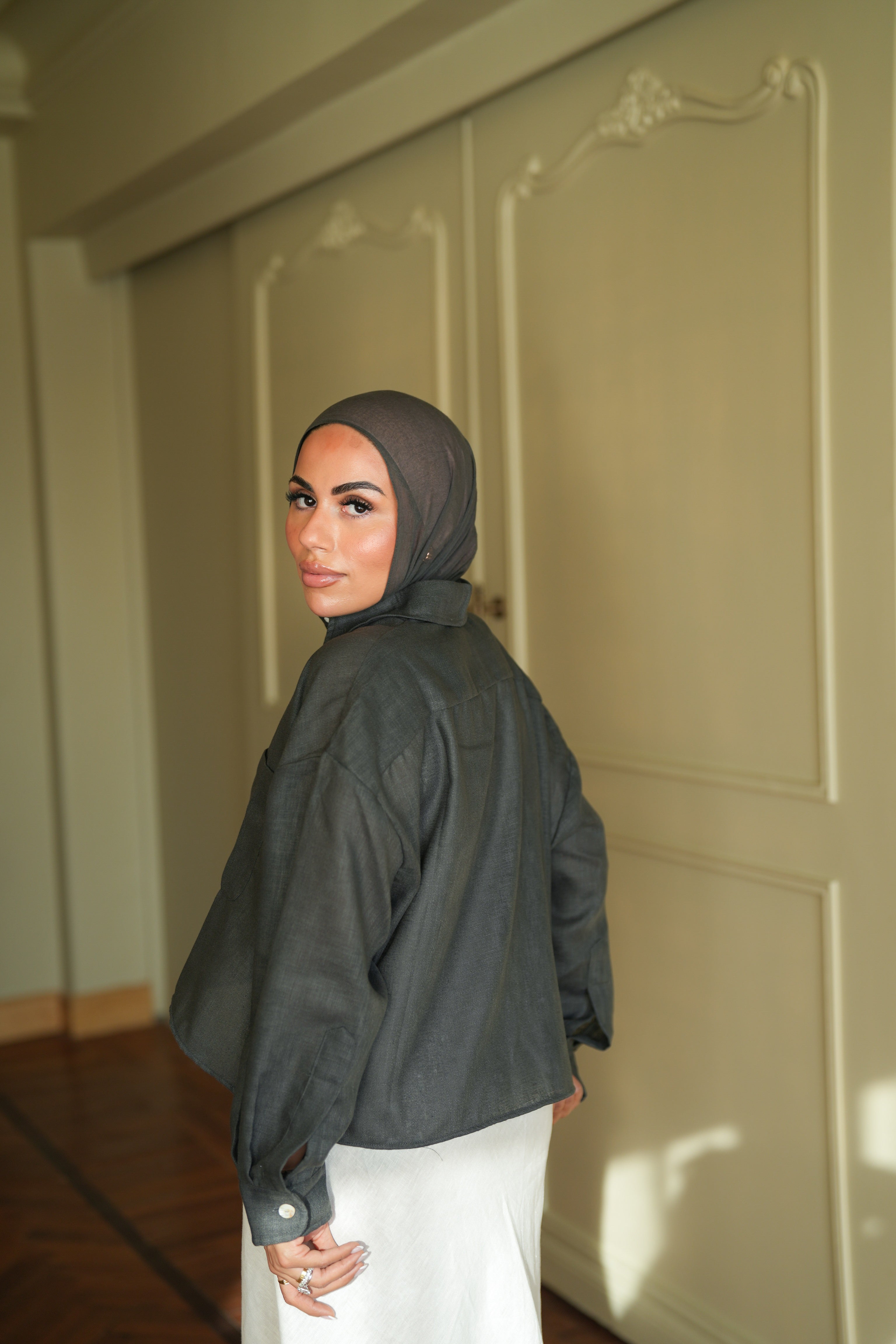 Cropped Pure Linen Shirt in Stone