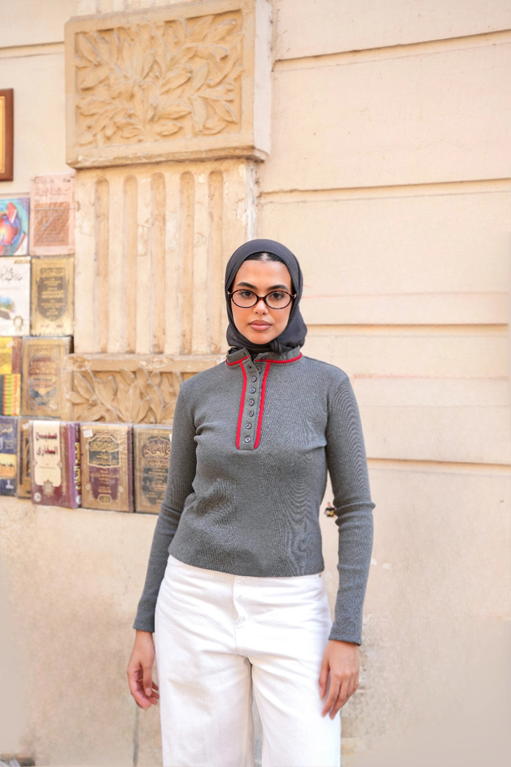 Grey X Red Ribbed Top
