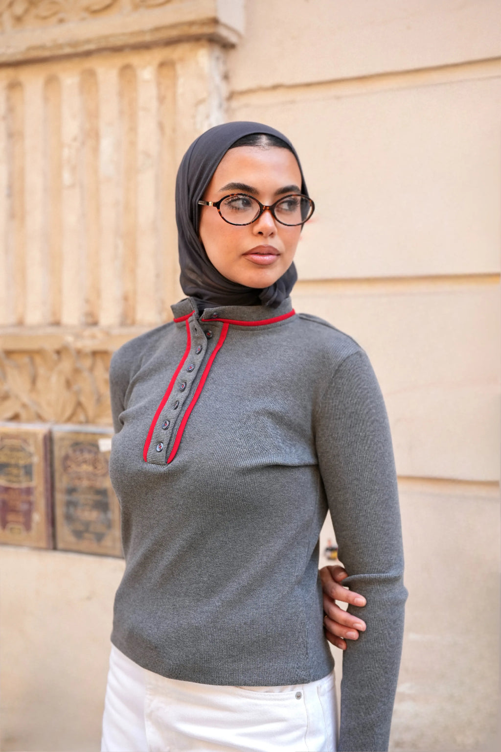 Grey X Red Ribbed Top