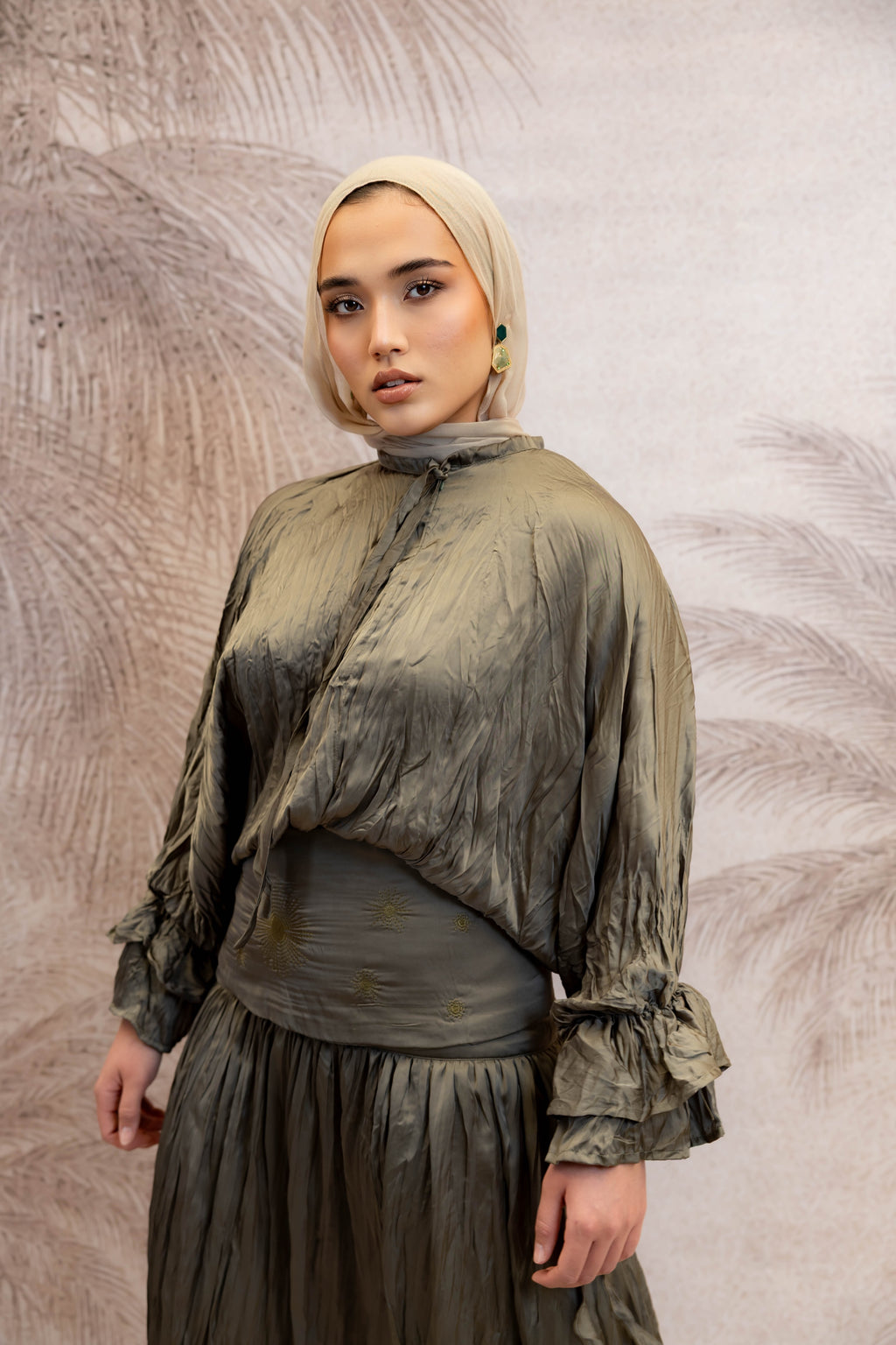 Soft Tie Satin Blouse in Olive